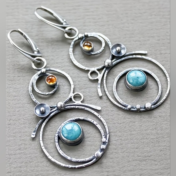 Jewelry - Silver Faux Turquoise & Citrine Circle Drop Earrings #412